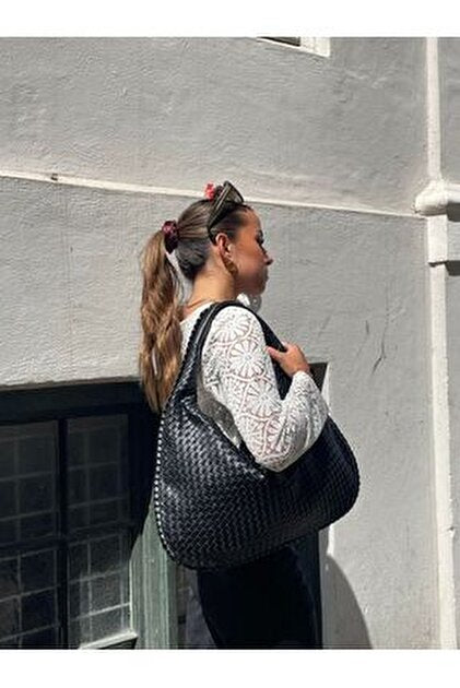 Kadın Retro Large Omuz Çantası Örgü Deri Botegy