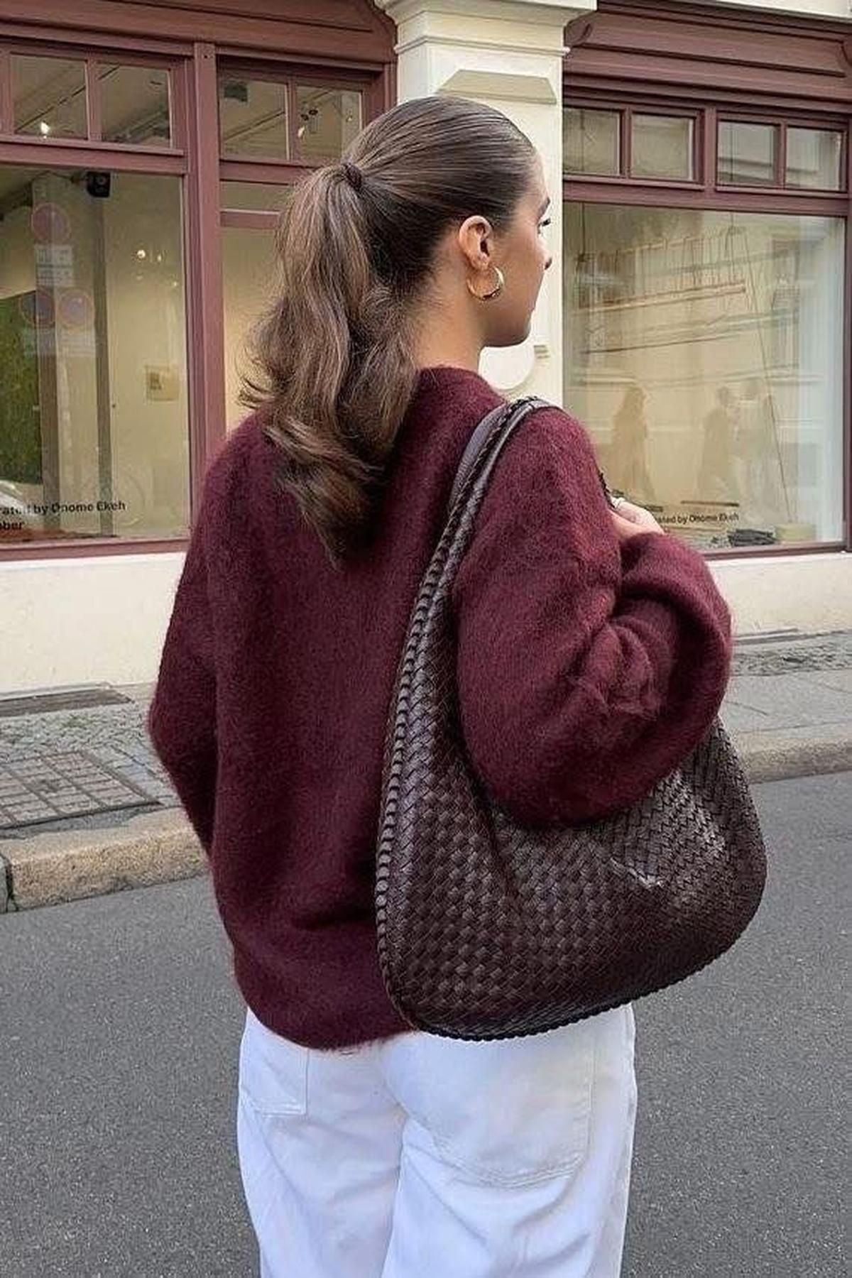 Kadın Retro Large Omuz Çantası Örgü Deri Botegy