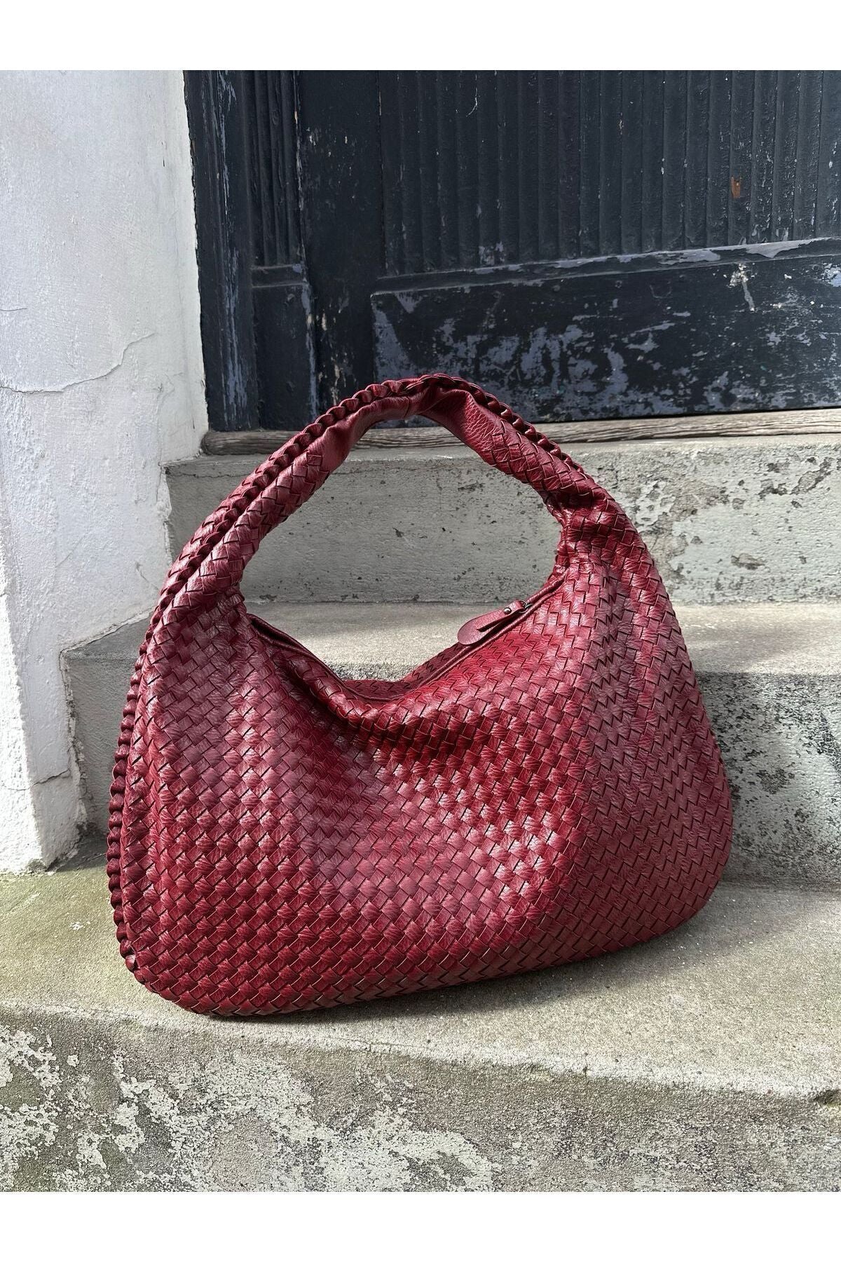 Kadın Retro Large Omuz Çantası Örgü Deri Botegy