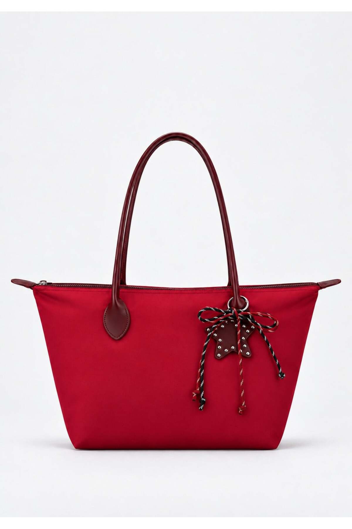 Kadın Süslemeli Fermuarlı Shopper Omuz Çantası - KIRMIZI