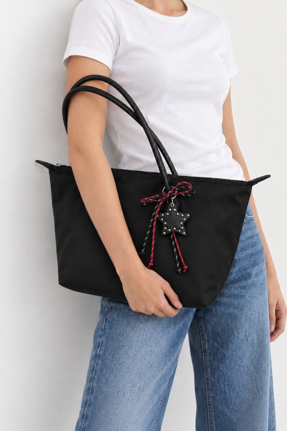 Kadın Süslemeli Fermuarlı Shopper Omuz Çantası - SİYAH