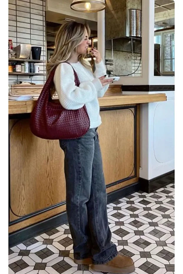 Kadın Retro Large Omuz Çantası Örgü Deri Botegy