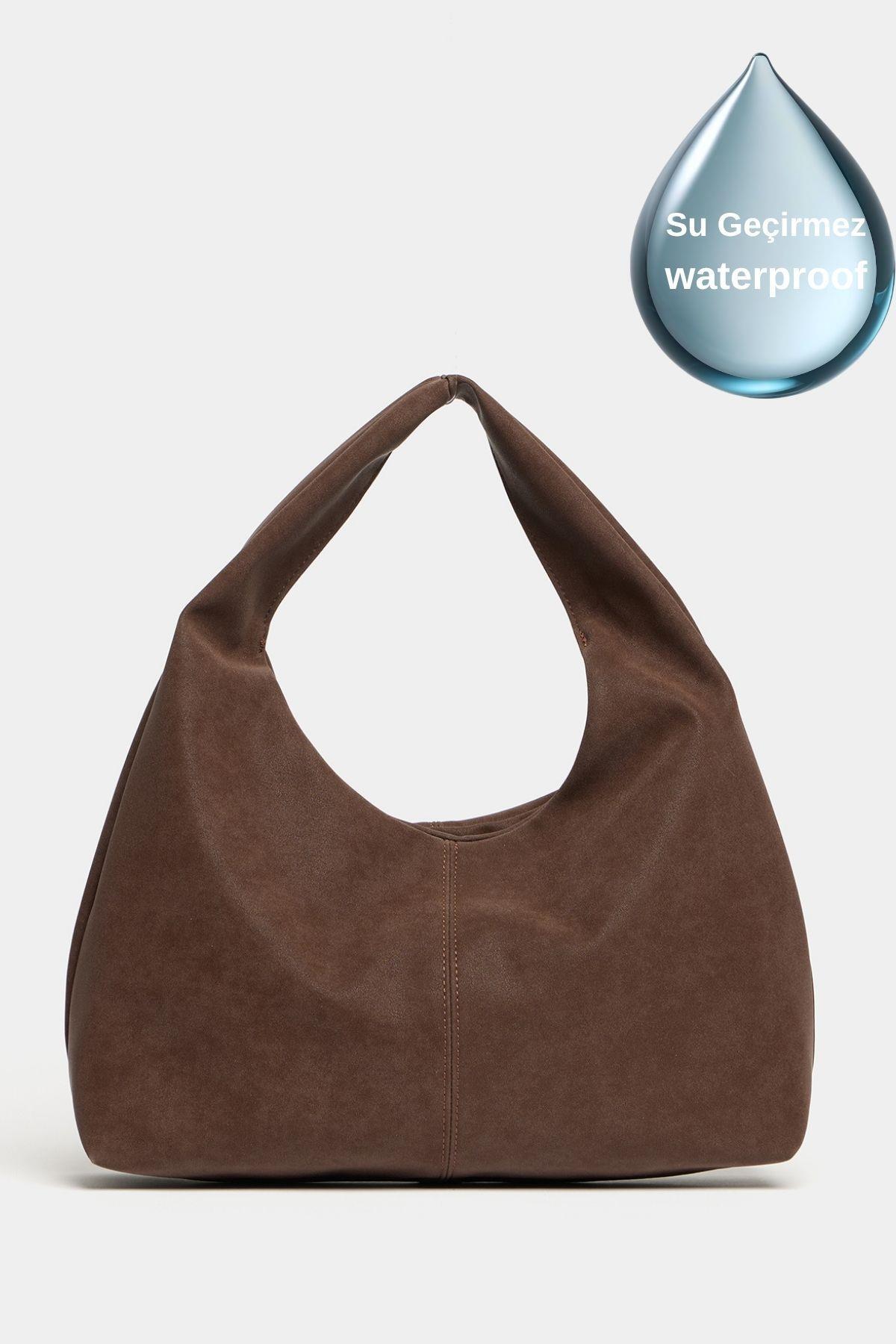 Kahverengi Süet Kadın Shopper Omuz Çantası – Yumuşak Form Vintage Model - KAHVERENGİ SÜET