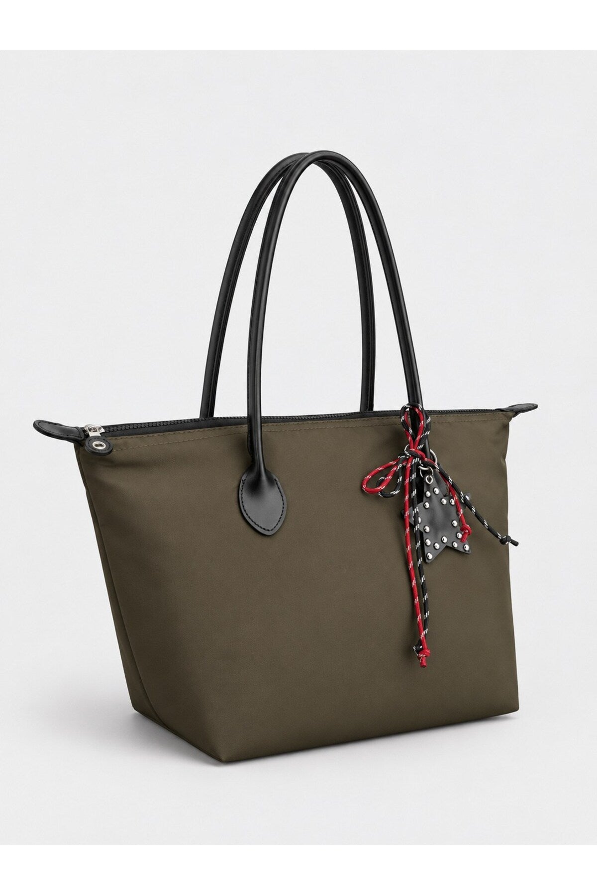 Kadın Süslemeli Fermuarlı Shopper Omuz Çantası - HAKİ