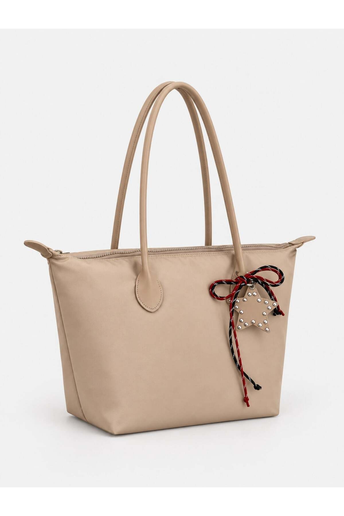 Kadın Süslemeli Fermuarlı Shopper Omuz Çantası - VİZON