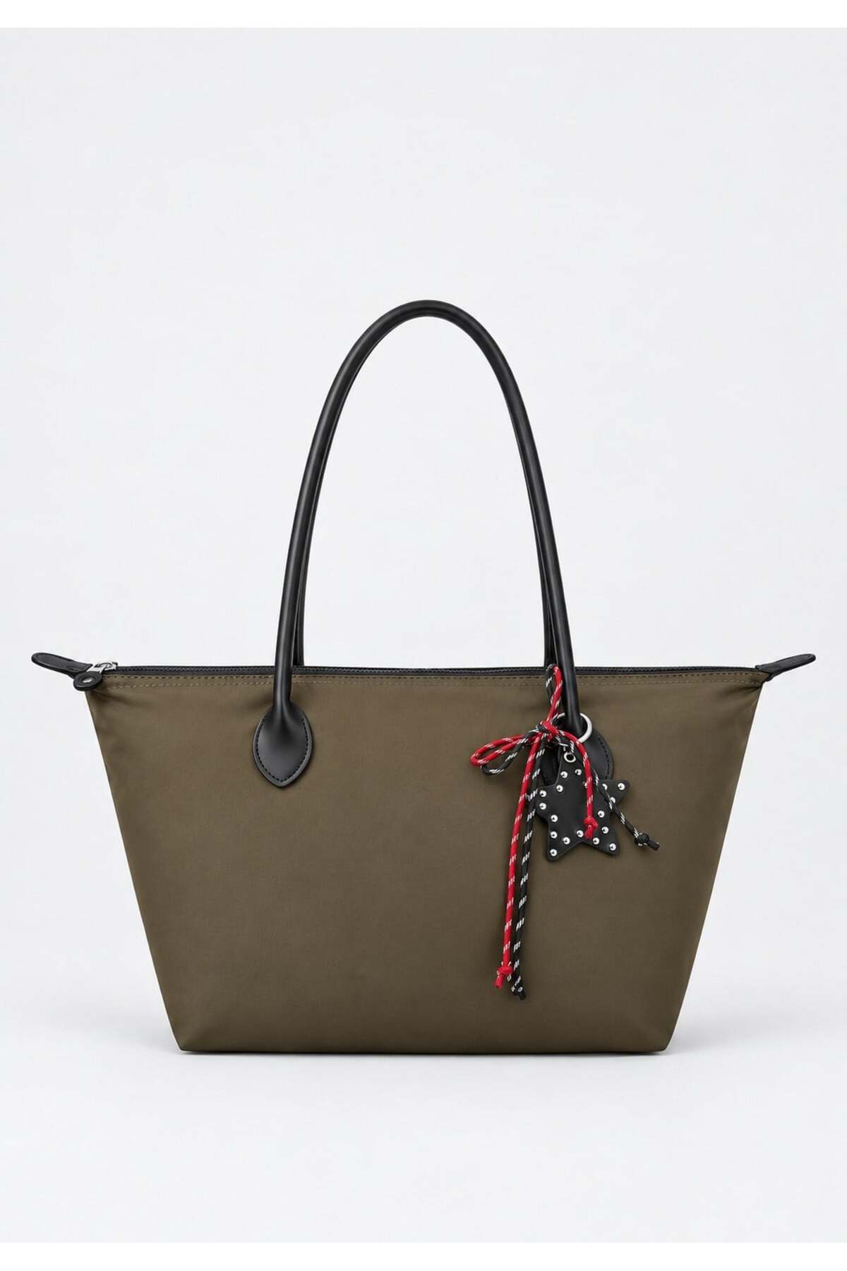 Kadın Süslemeli Fermuarlı Shopper Omuz Çantası - HAKİ