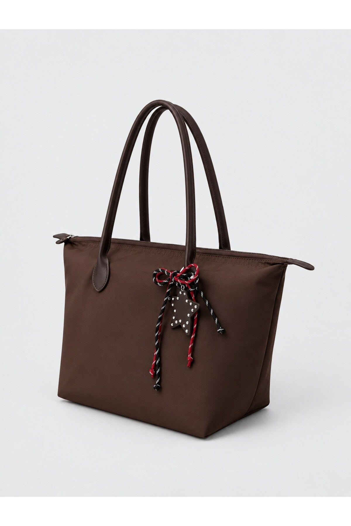 Kadın Süslemeli Fermuarlı Shopper Omuz Çantası - KAHVERENGİ