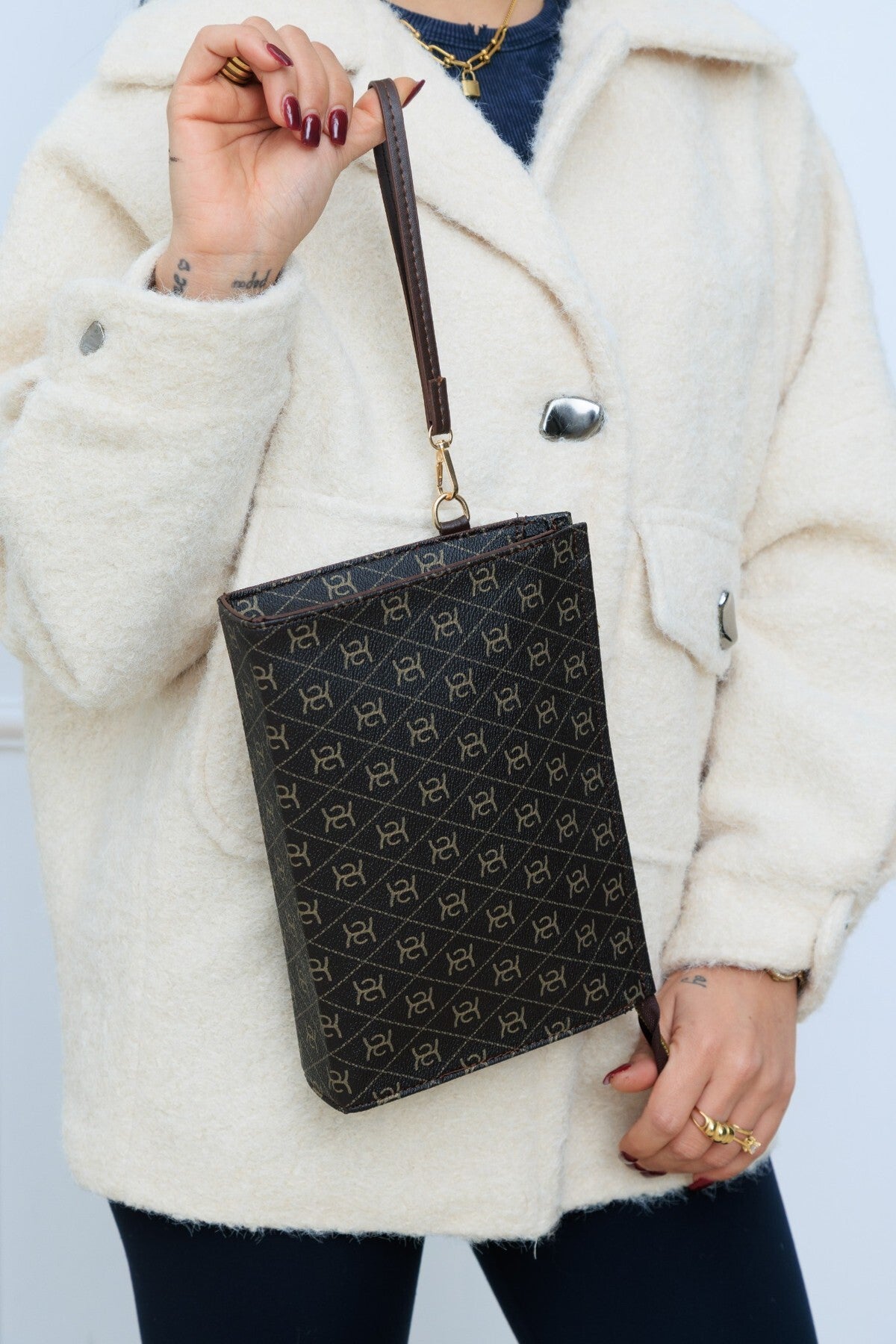 Kadın Baskılı Kadın Clutch El Çantası portföy ponny 2li Siyah Vizon KSCH-4076 - Görsel 12
