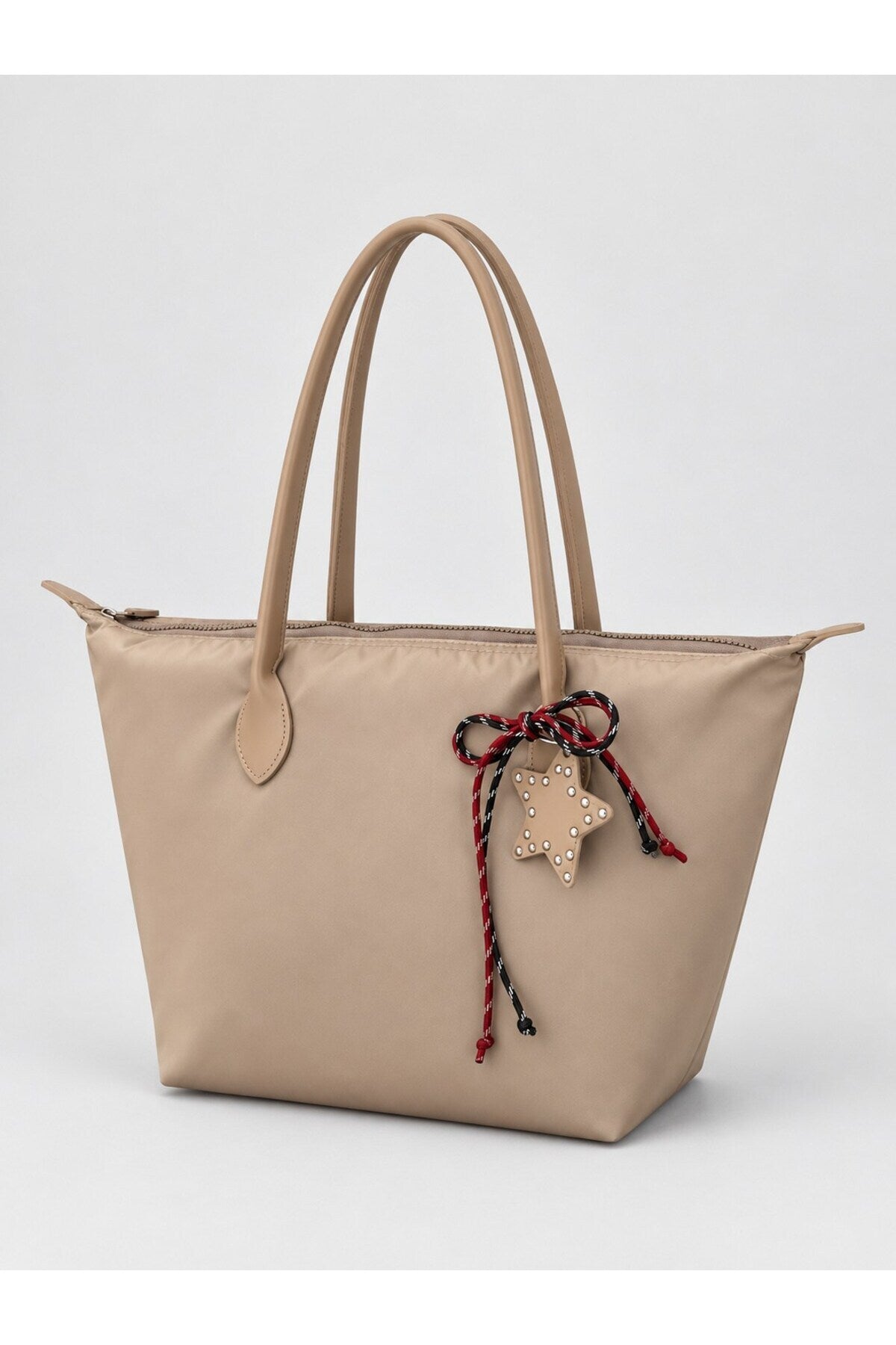 Kadın Süslemeli Fermuarlı Shopper Omuz Çantası - VİZON