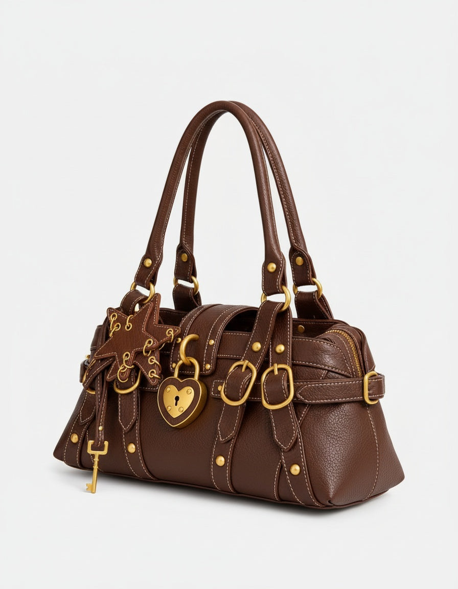 Kısche Kalp Kilitli Charm Detaylı Premium Çanta KISCHE-001 - KAHVE