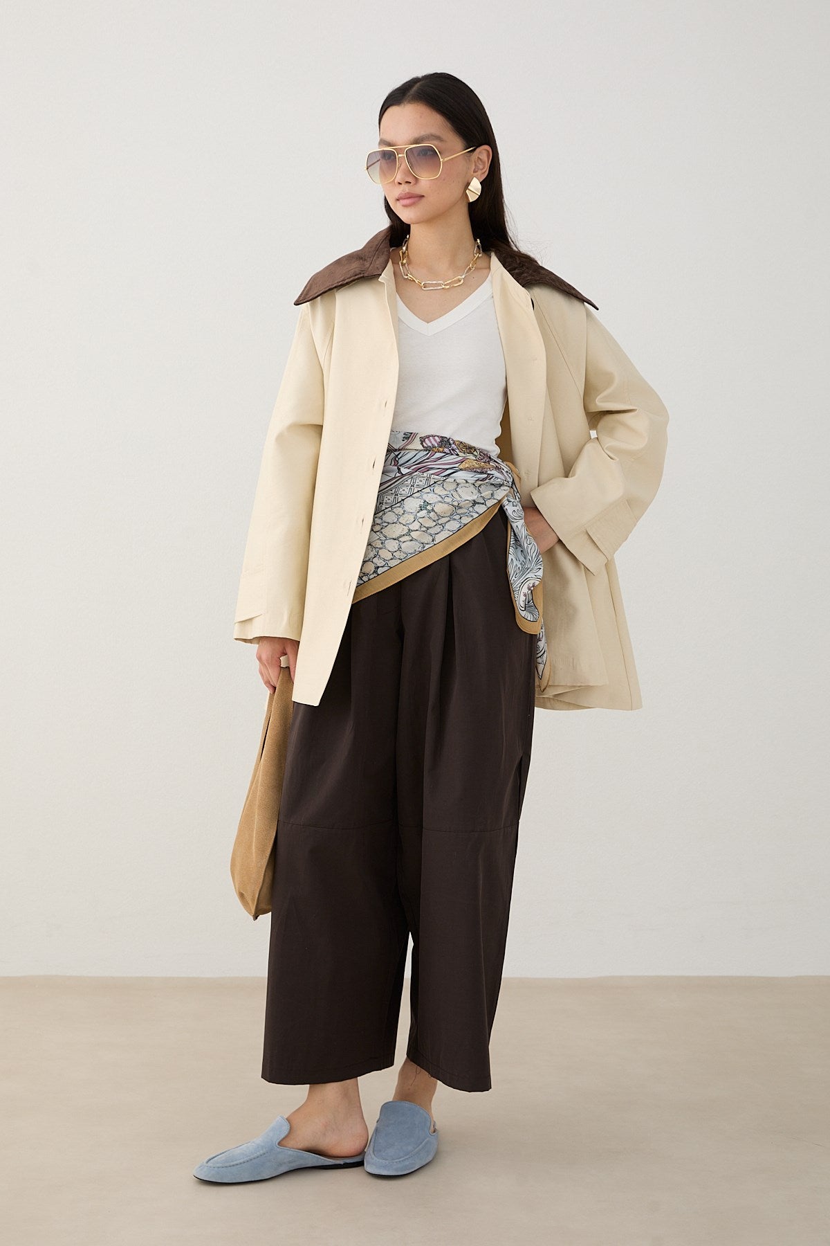 Süet Yakalı Oversize Trenç - Bej