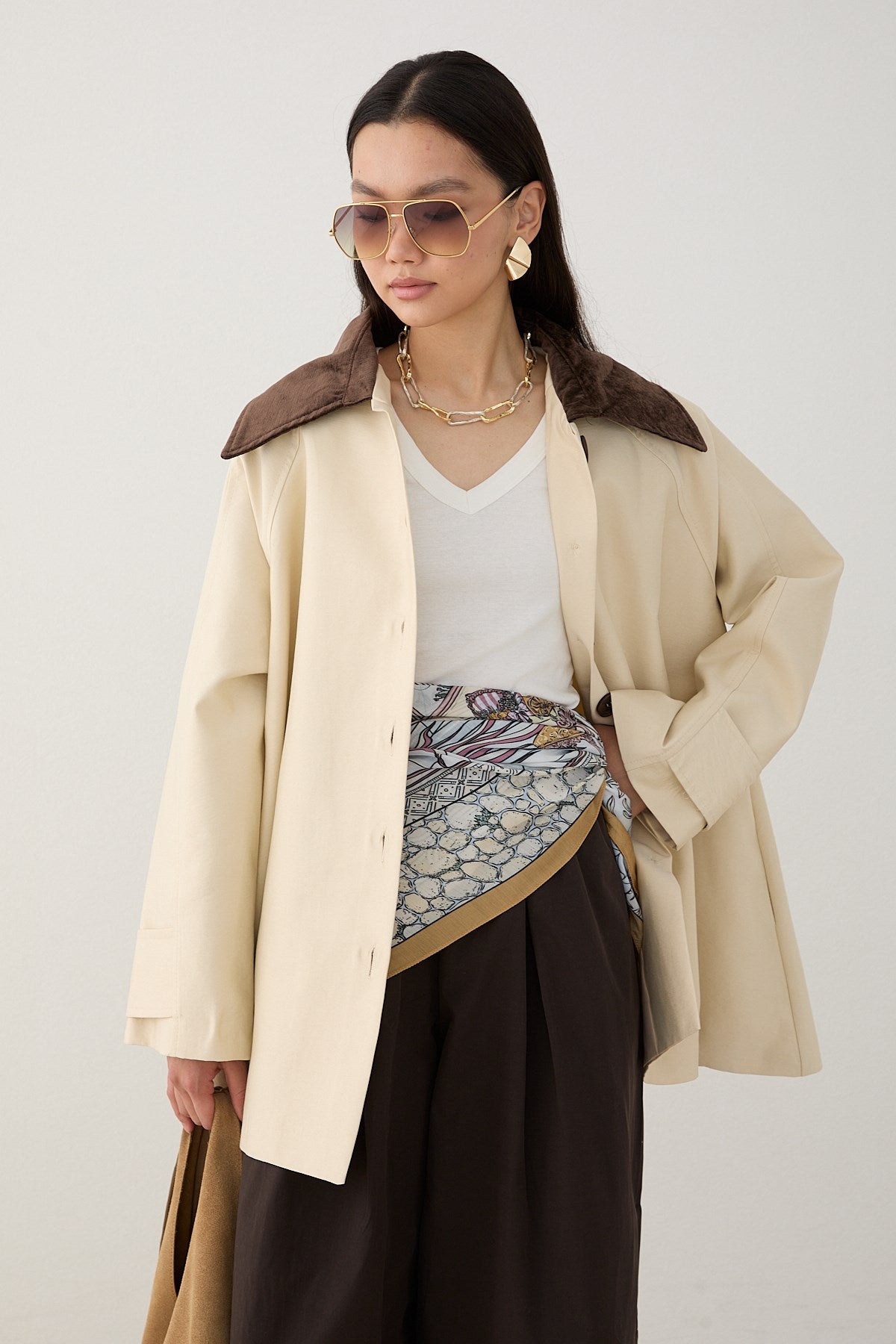 Süet Yakalı Oversize Trenç - Bej