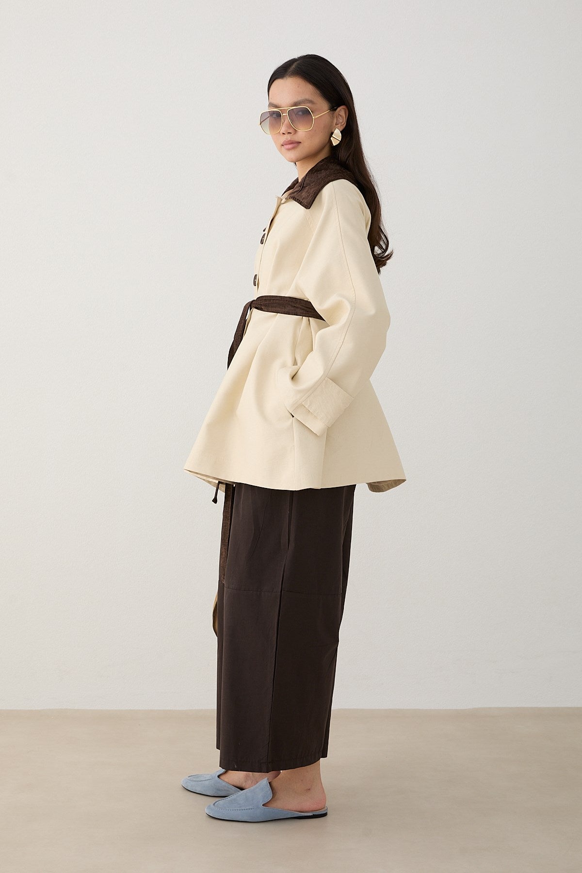 Süet Yakalı Oversize Trenç - Bej