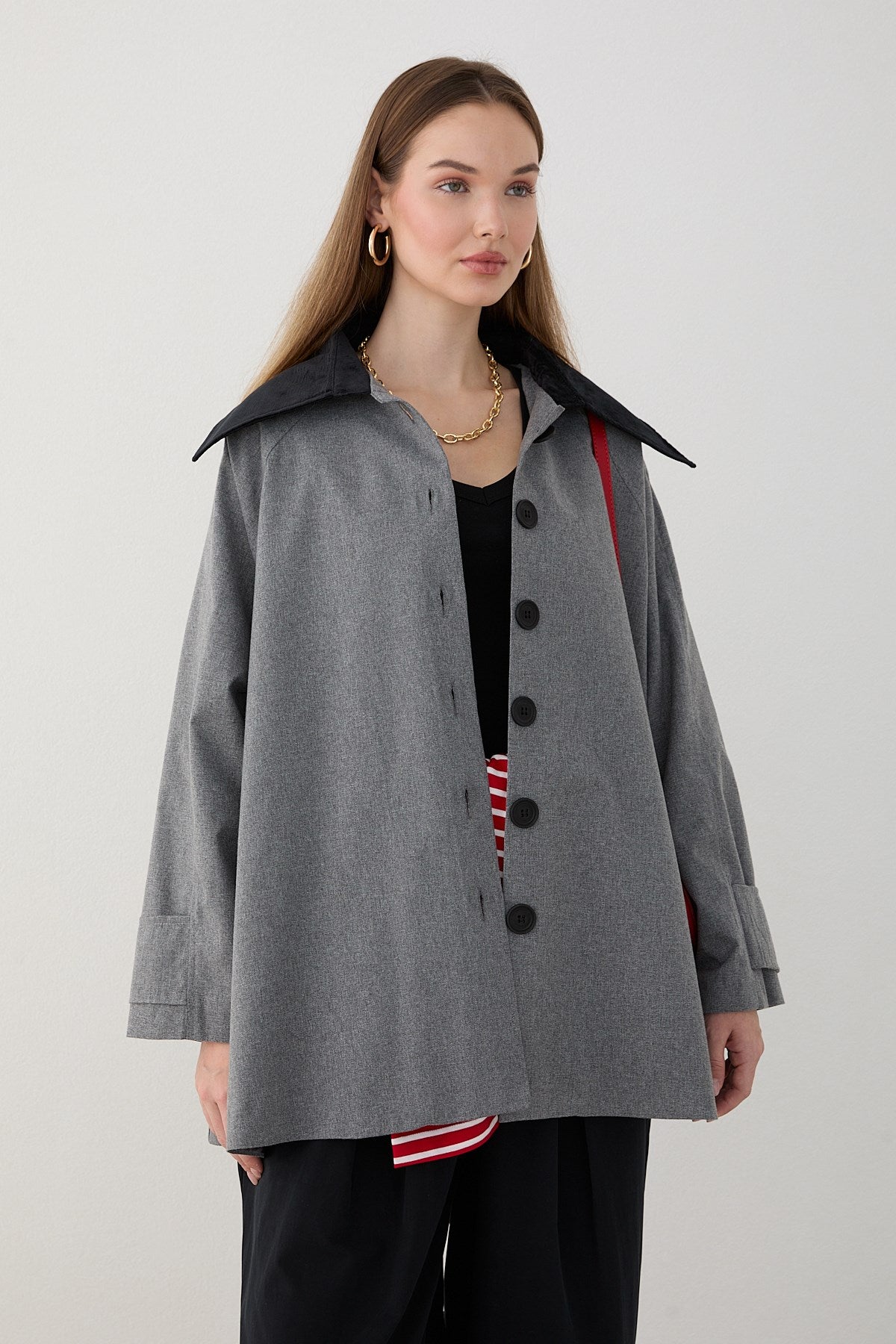 Süet Yakalı Oversize Trenç - Gri