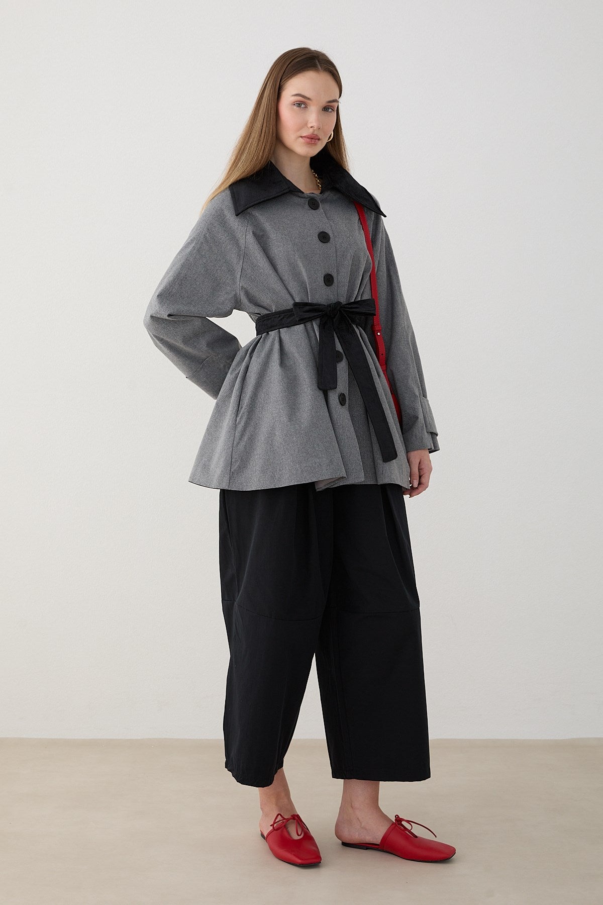 Süet Yakalı Oversize Trenç - Gri