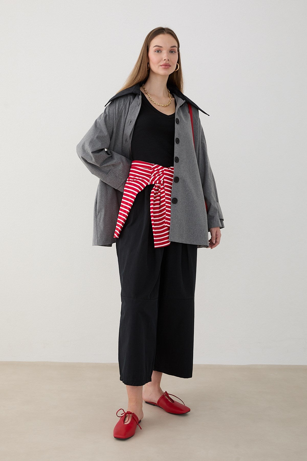 Süet Yakalı Oversize Trenç - Gri