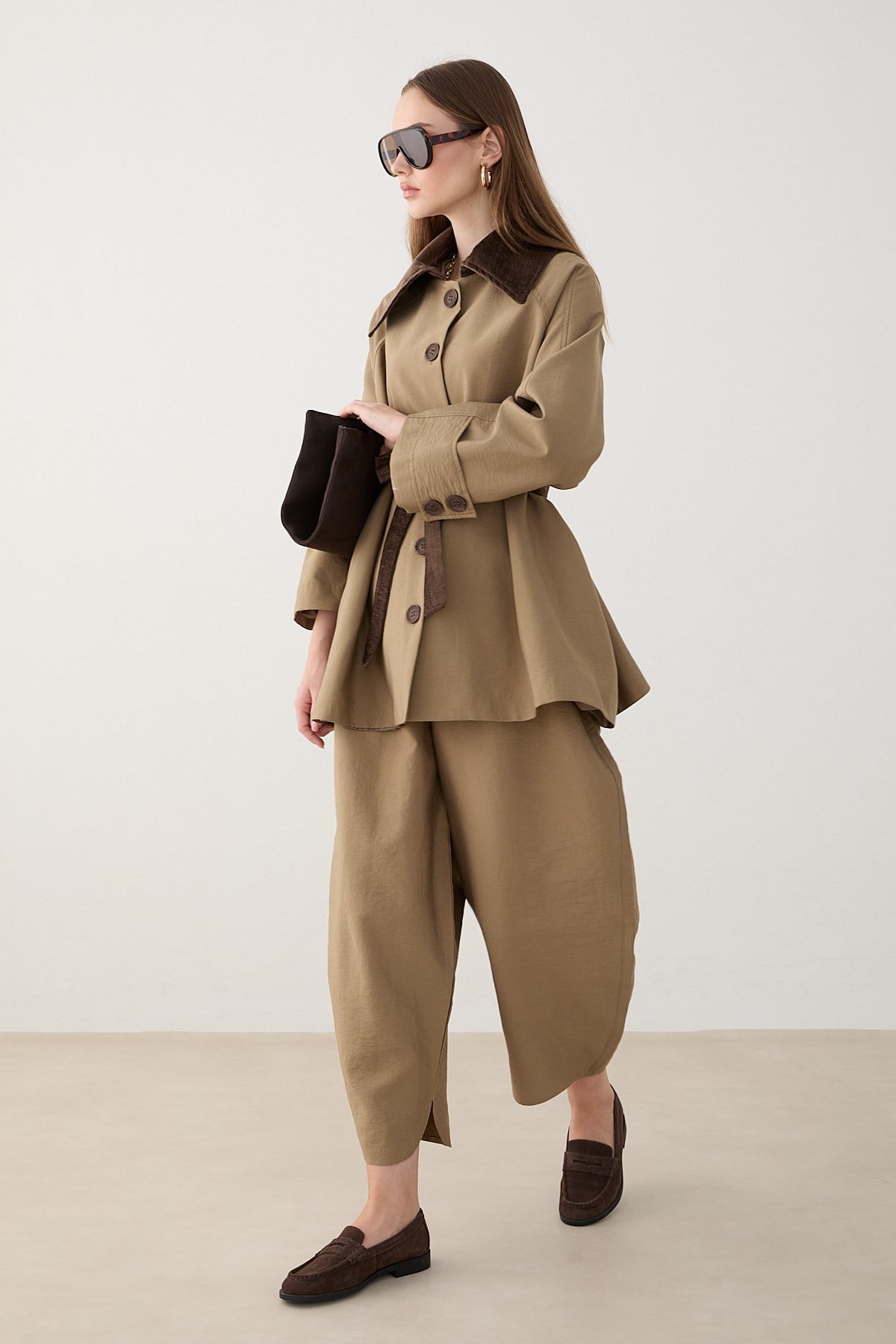 Süet Yakalı Oversize Trenç - Haki