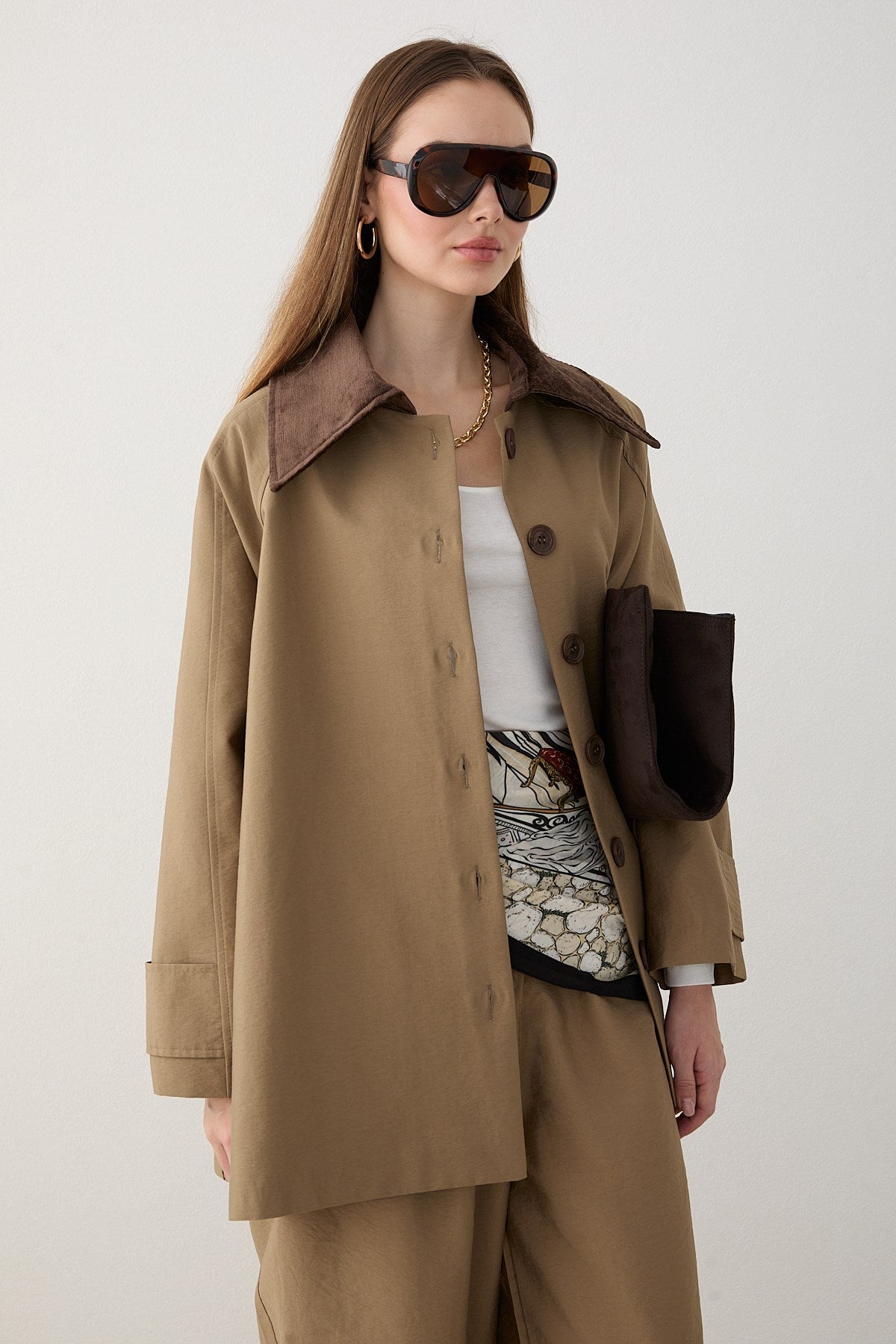 Süet Yakalı Oversize Trenç - Haki