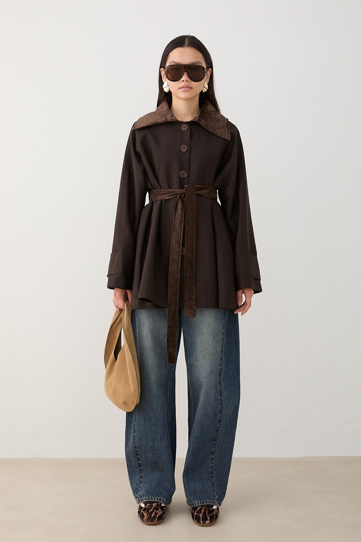 Süet Yakalı Oversize Trenç - Kahve