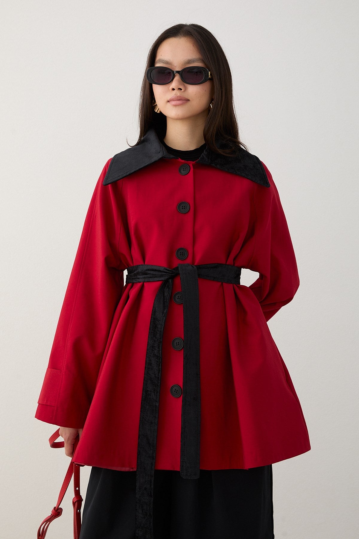 Süet Yakalı Oversize Trenç - Kırmızı