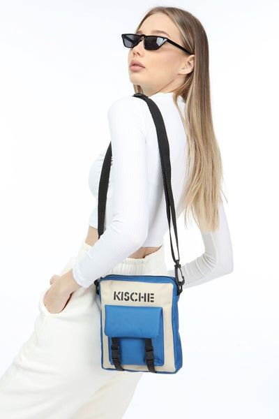 Mavi-bej Cep Detaylı Unisex Kullanım Spor Askılı Omuz Çantası - Civit Mavi_Bej