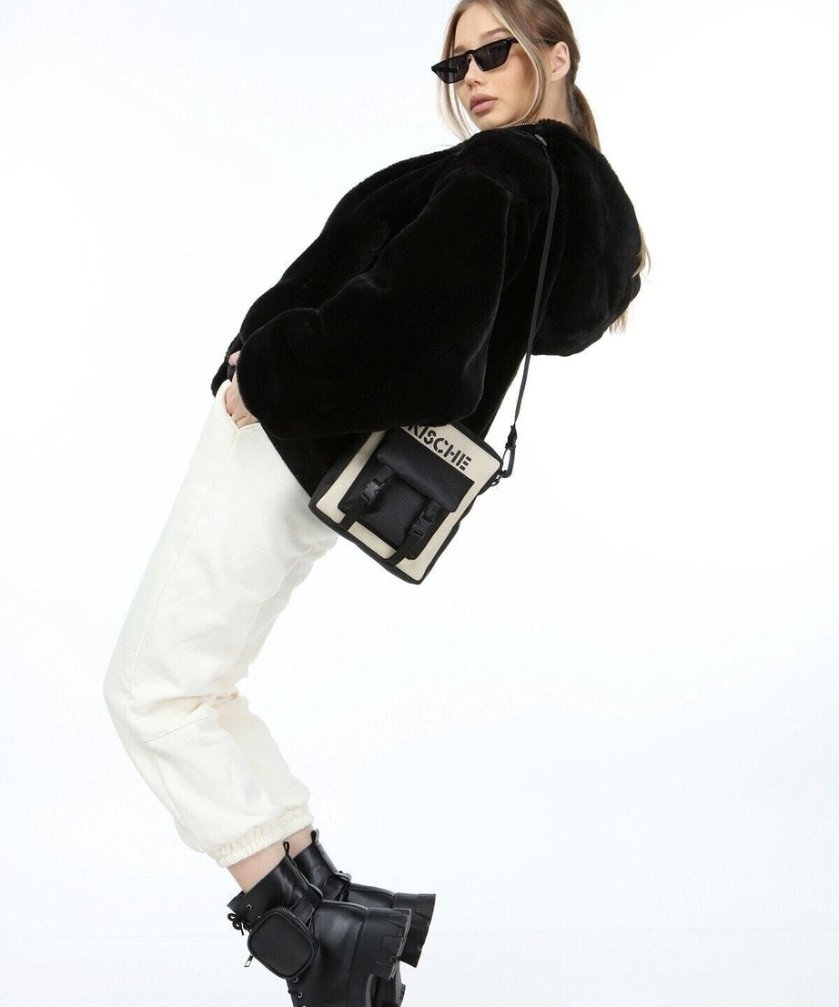 Siyah-bej Cep Detaylı Unisex Spor Askılı Omuz Çantası