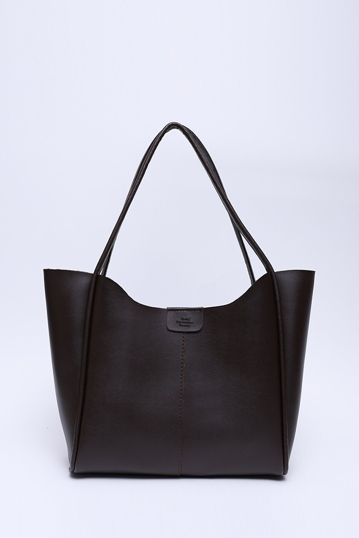 Çıtçıtlı Askılı Suni Deri Makyaj Çantalı Büyük Boy Kadın El ve Omuz Çantası - Kahverengi