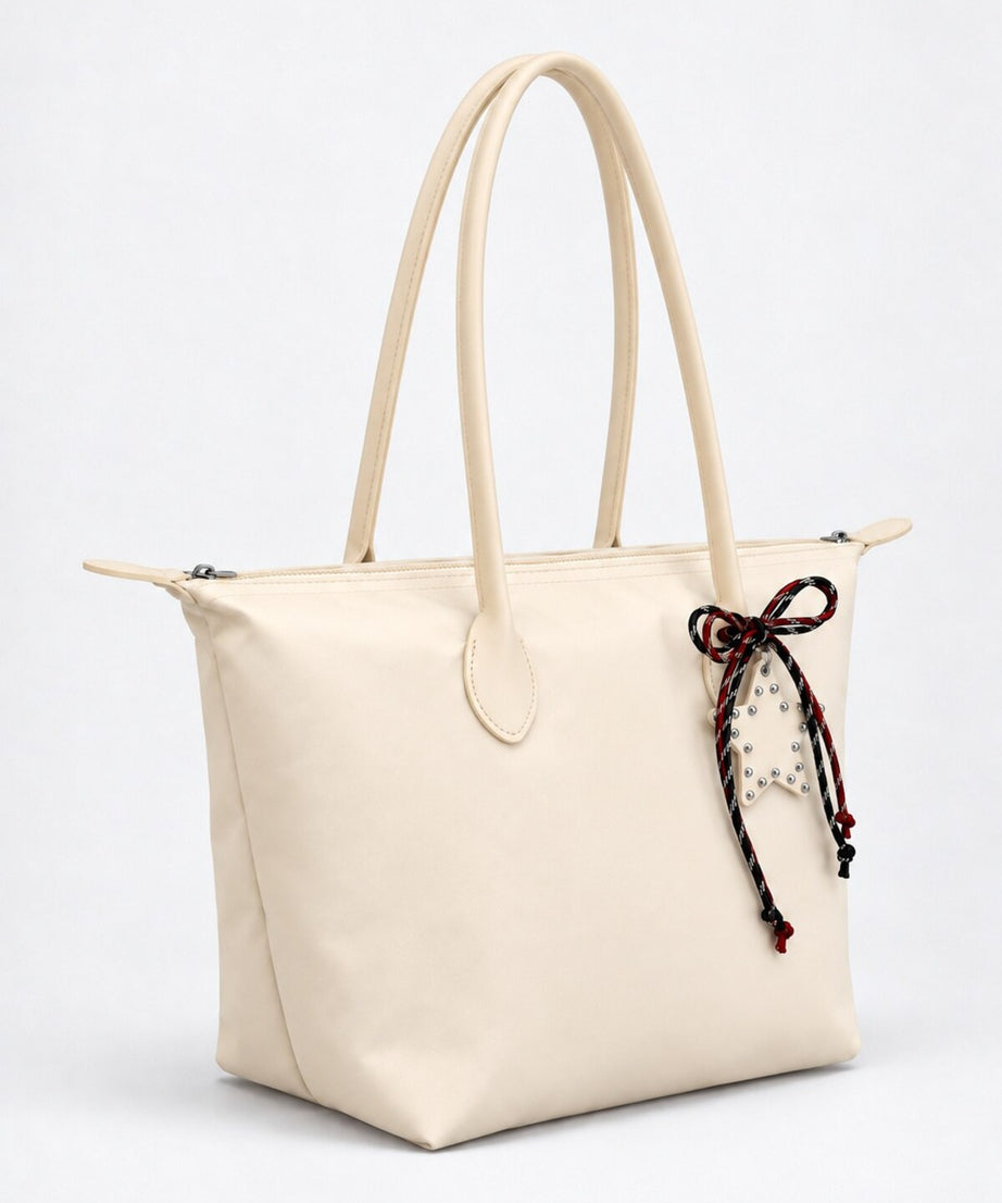 Kadın Süslemeli Fermuarlı Shopper Omuz Çantası - KREM