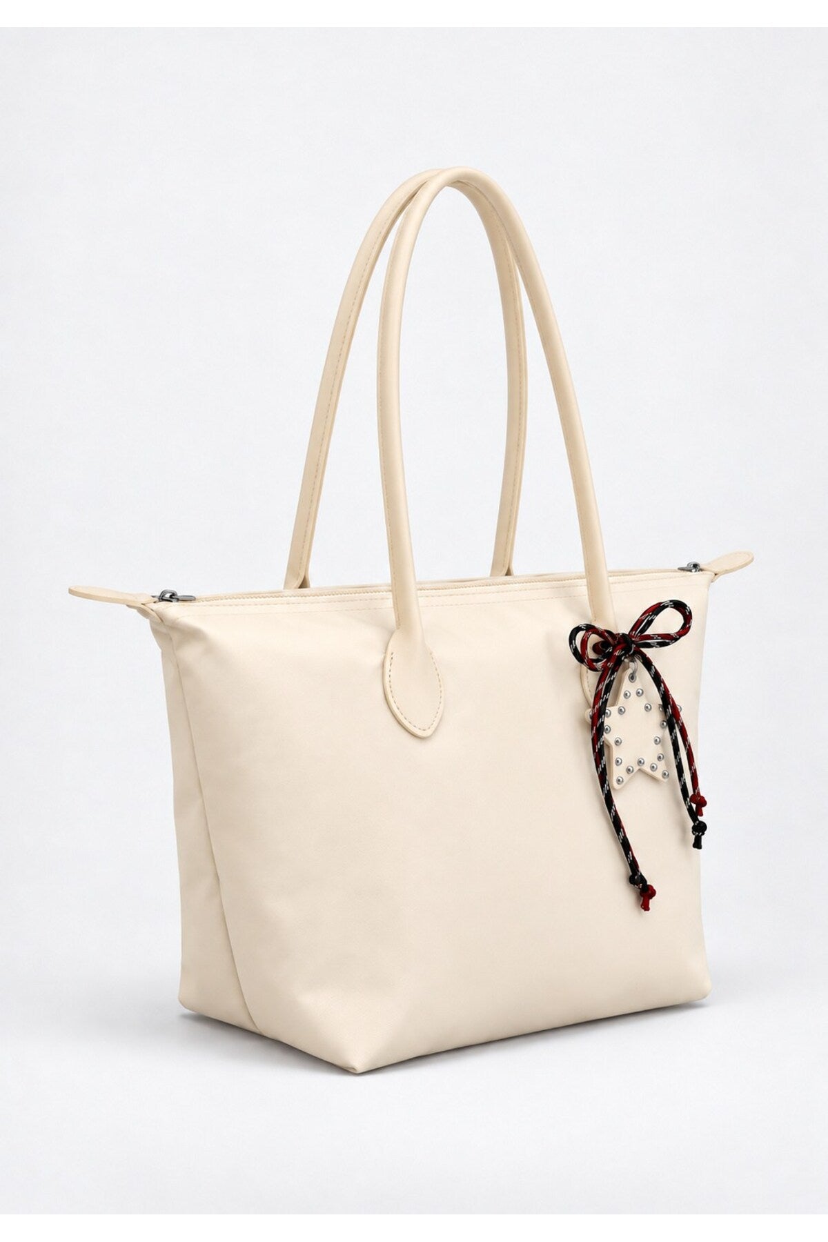 Kadın Süslemeli Fermuarlı Shopper Omuz Çantası - KREM