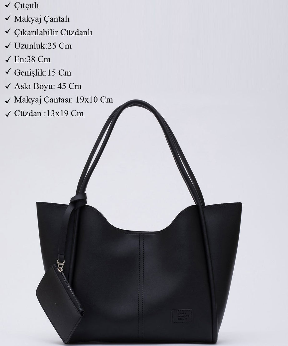 Siyah Shk108 Çıtçıtlı Suni Deri Cüzdanlı Makyaj Çantalı Kadın El ve Omuz Çantası U:25 E:38 G:15 cm