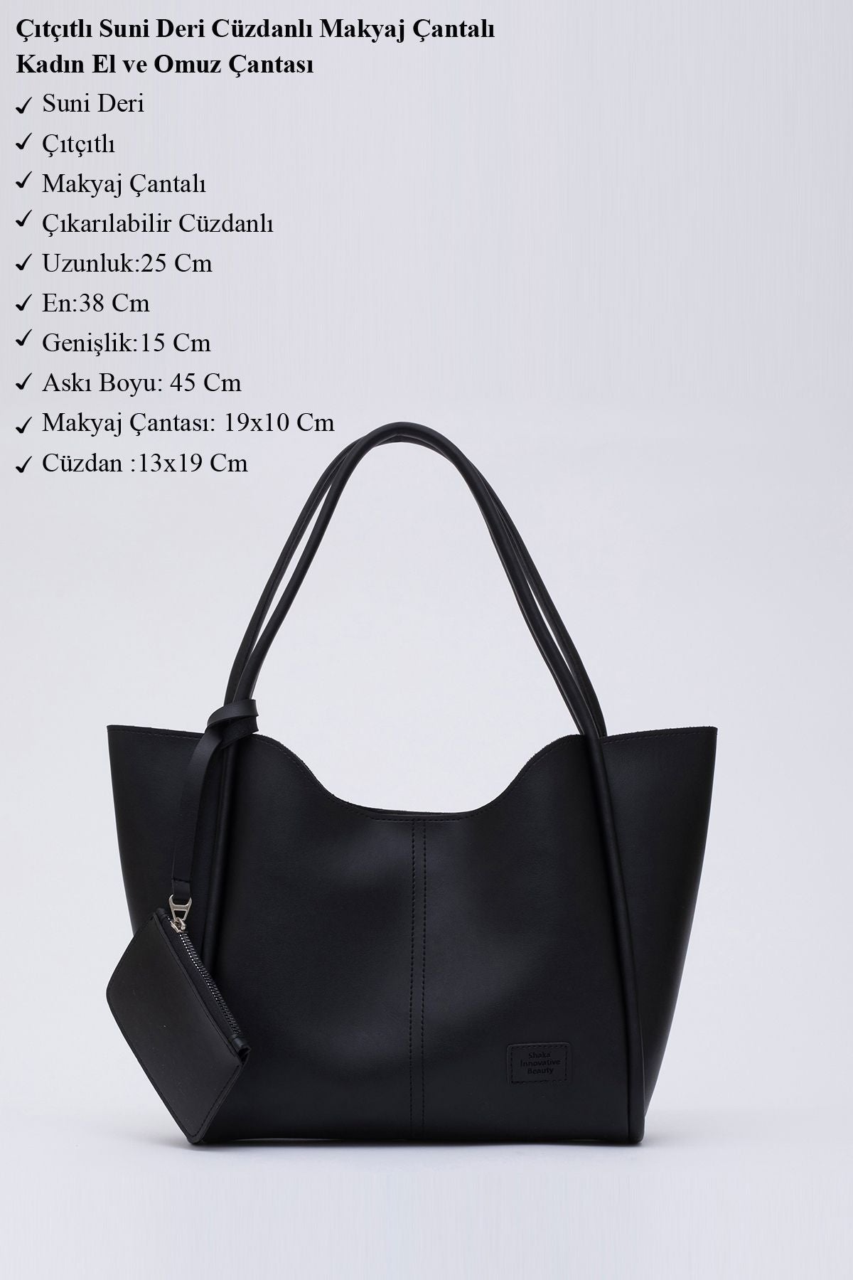 Siyah Shk108 Çıtçıtlı Suni Deri Cüzdanlı Makyaj Çantalı Kadın El ve Omuz Çantası U:25 E:38 G:15 cm
