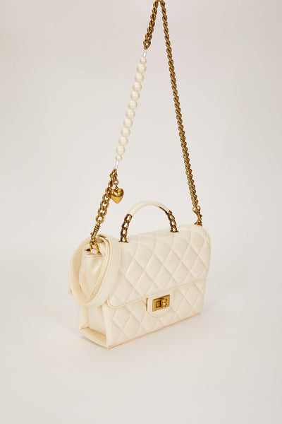 Beyaz İnci Ve Kalp Aksesuar Detaylı Omuz Çantası