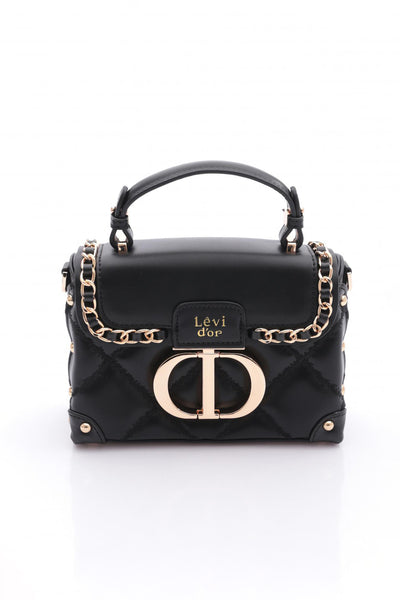 Kapitone Nakış, Zincir Örgü ve Metal Zımba Detaylı Küçük Boy Kadın El ve Omuz Çantası LV930580 - Siyah