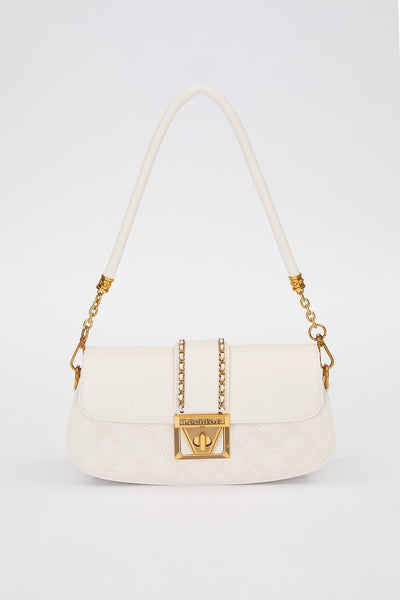 Siyah Oval Kapitone Desen Omuz Çantası - Krem