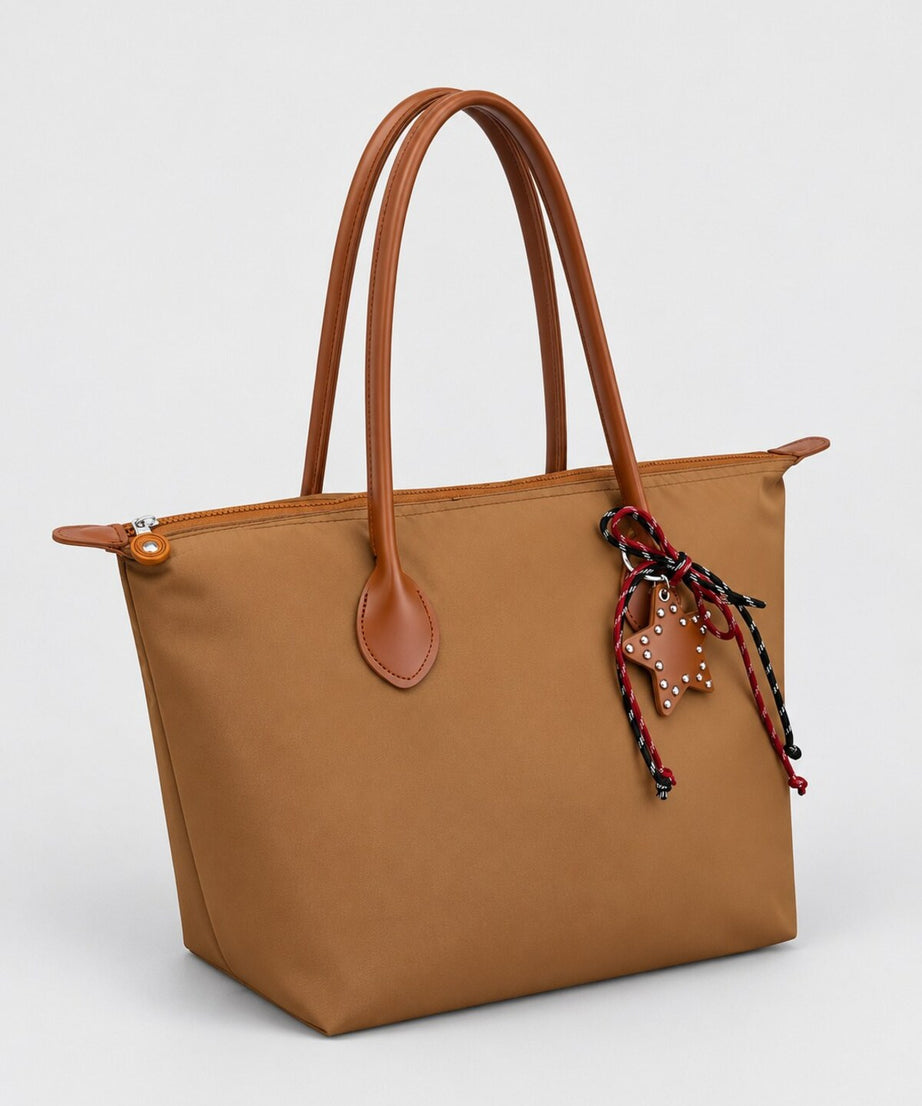 Kadın Süslemeli Fermuarlı Shopper Omuz Çantası - TABA