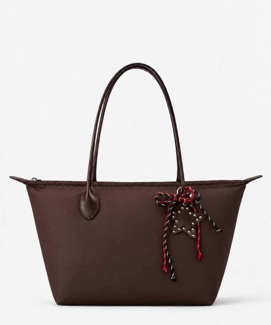 Kadın Süslemeli Fermuarlı Shopper Omuz Çantası - KAHVERENGİ