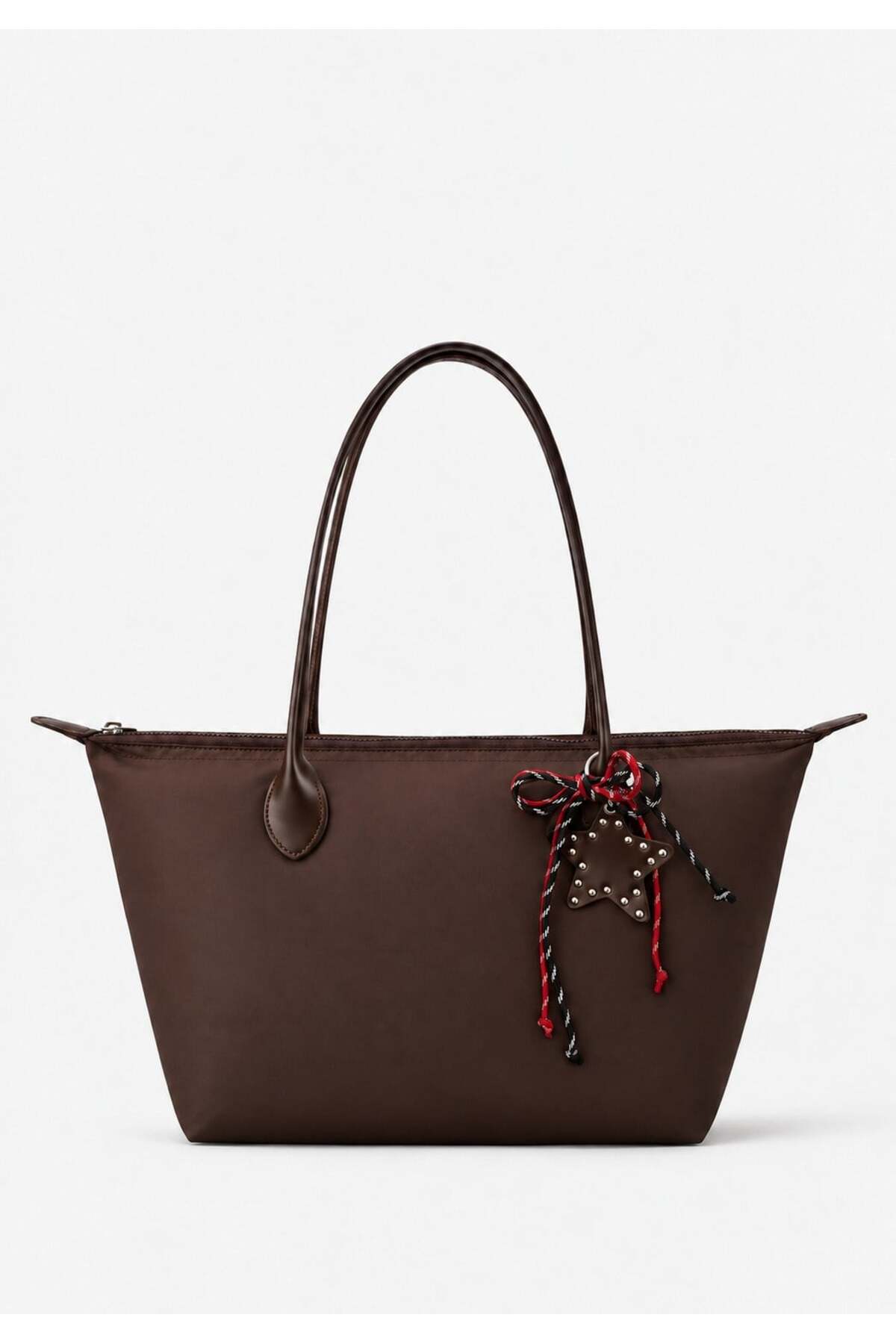 Kadın Süslemeli Fermuarlı Shopper Omuz Çantası - KAHVERENGİ