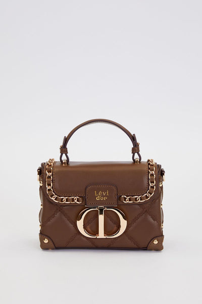 Kapitone Nakış, Zincir Örgü ve Metal Zımba Detaylı Küçük Boy Kadın El ve Omuz Çantası LV930580 - Kahve