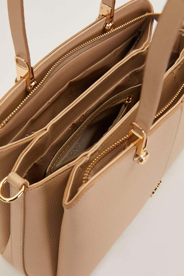 Kadın Çantası - Vizon Çift Gözlü Gold Detaylı El ve Omuz Çantası 930931 - Görsel 5