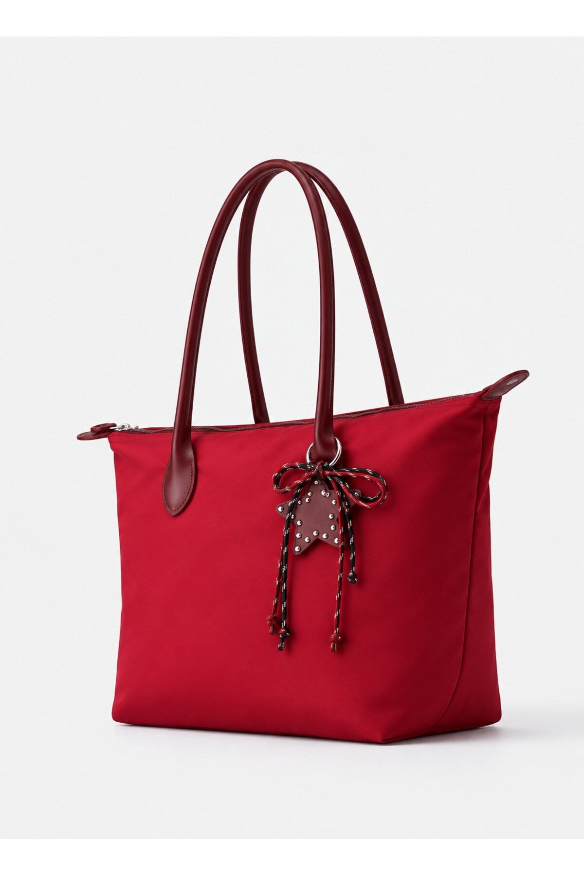 Kadın Süslemeli Fermuarlı Shopper Omuz Çantası - KIRMIZI
