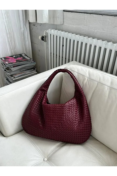 Kadın Retro Large  Omuz Çantası Örgü Deri  Botegy - bordo