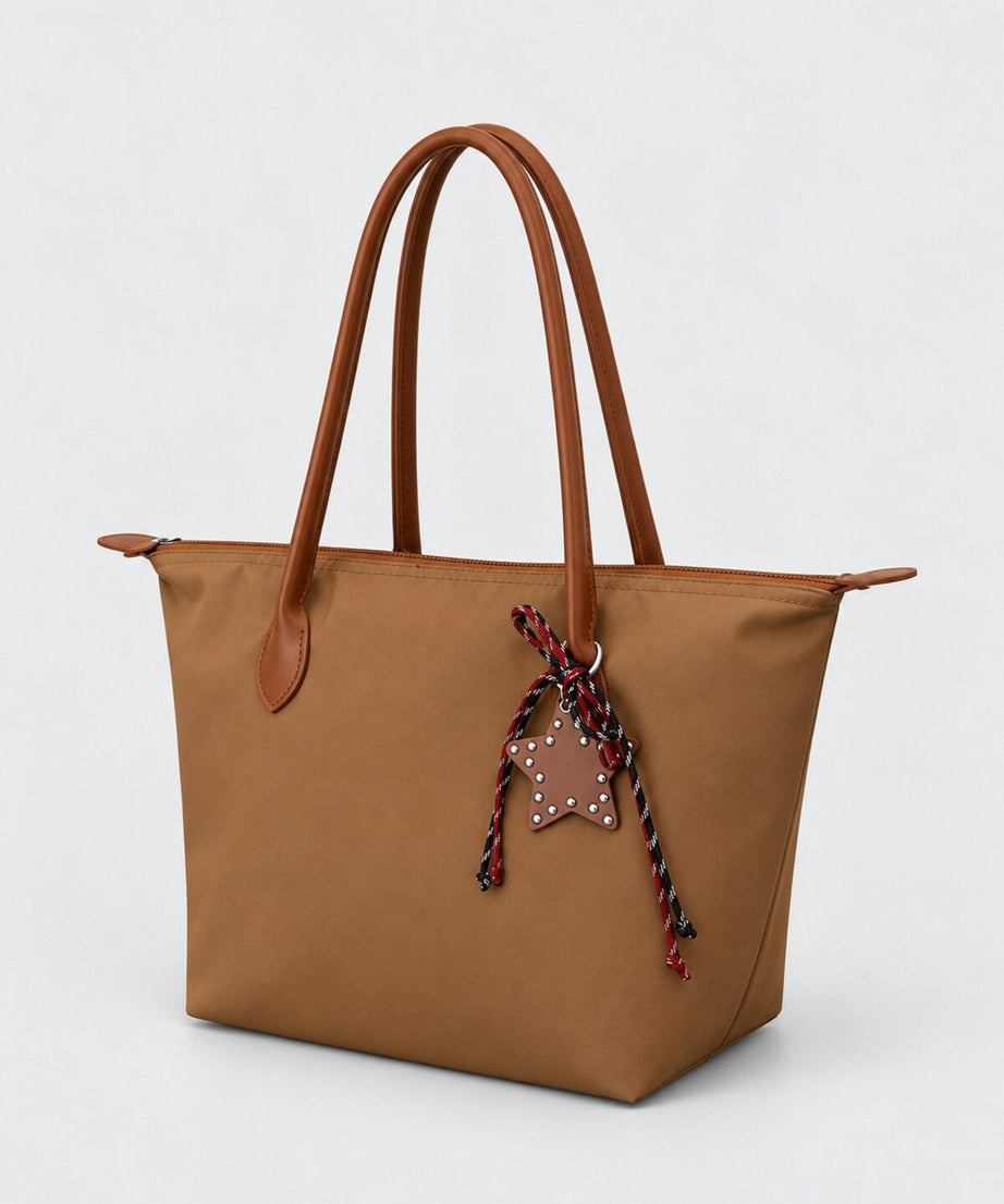Kadın Süslemeli Fermuarlı Shopper Omuz Çantası - TABA