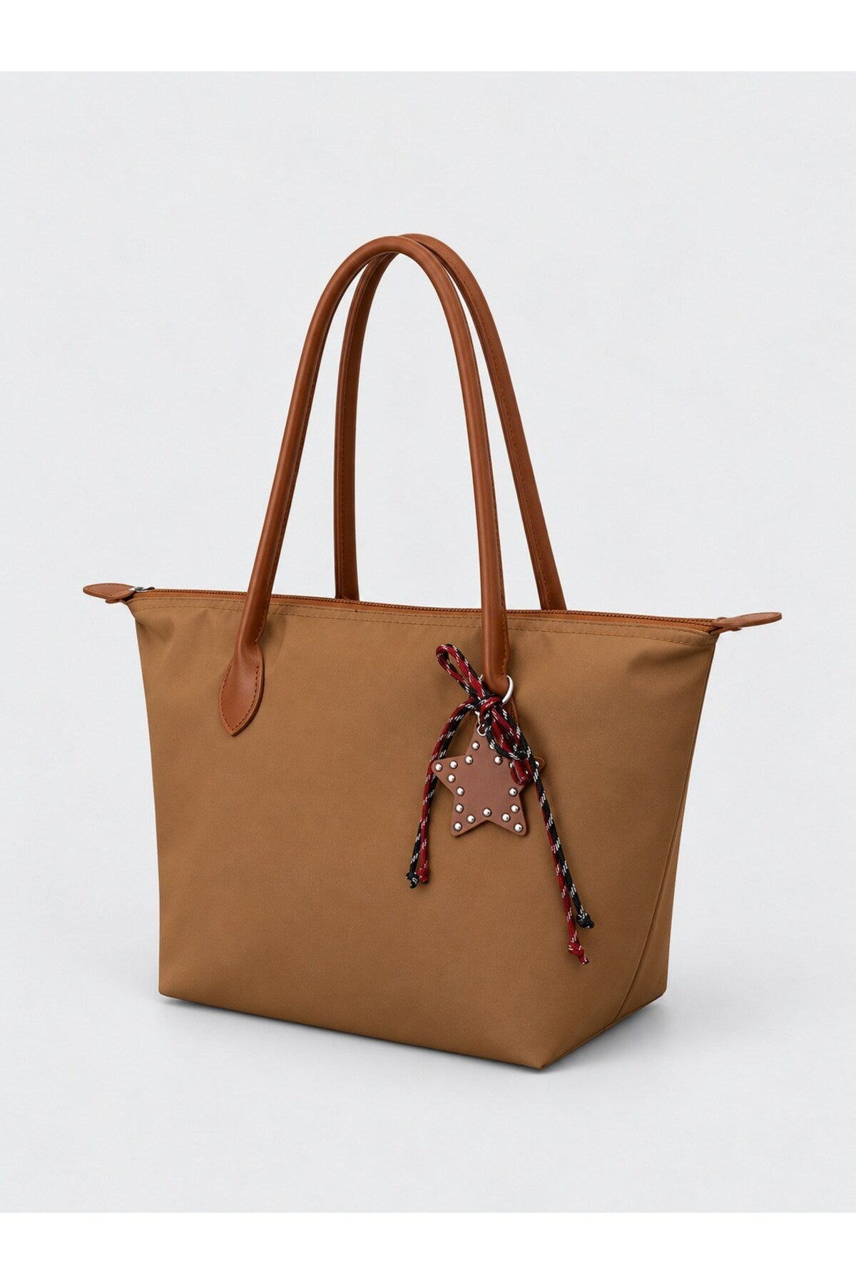 Kadın Süslemeli Fermuarlı Shopper Omuz Çantası - TABA
