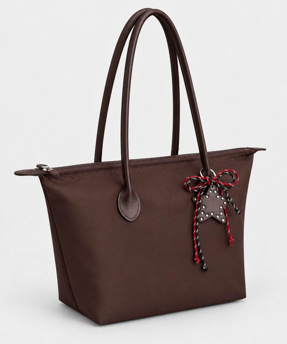 Kadın Süslemeli Fermuarlı Shopper Omuz Çantası - KAHVERENGİ