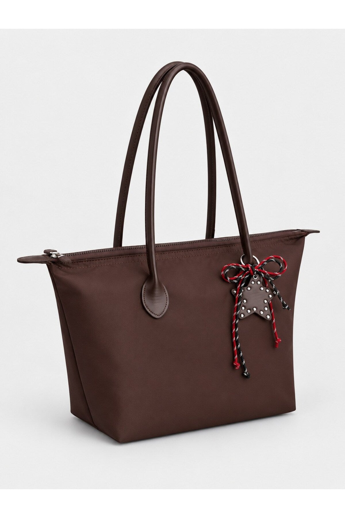 Kadın Süslemeli Fermuarlı Shopper Omuz Çantası - KAHVERENGİ
