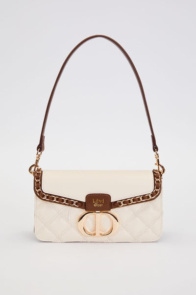 Koyu Kahve Çift Askılı Kapitone Omuz Çantası - Krem