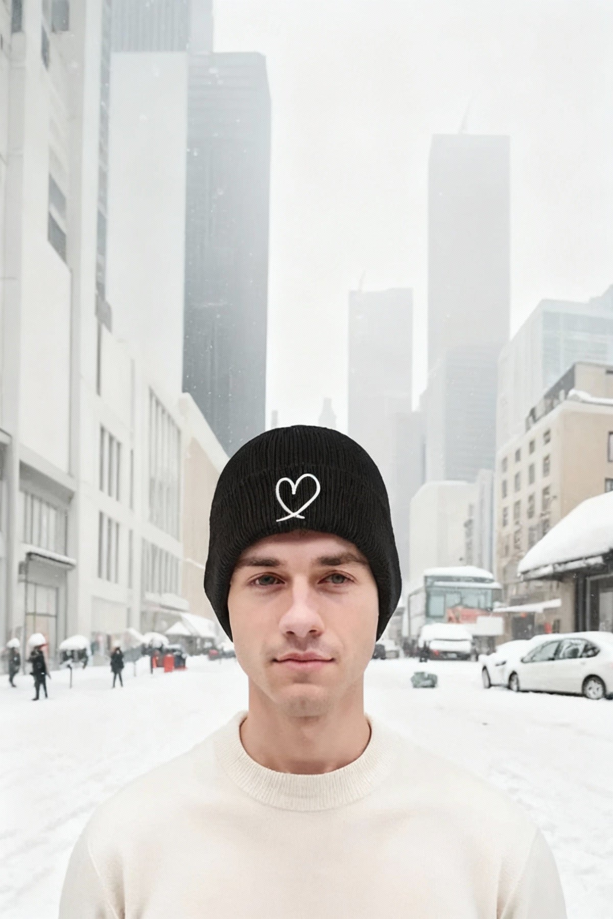 Akrilik Kalp Nakışlı Trend Pinterest Siyah Ve Beyaz 2'li Set Bere