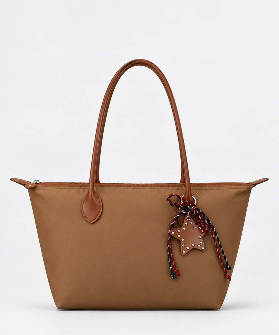 Kadın Süslemeli Fermuarlı Shopper Omuz Çantası - TABA