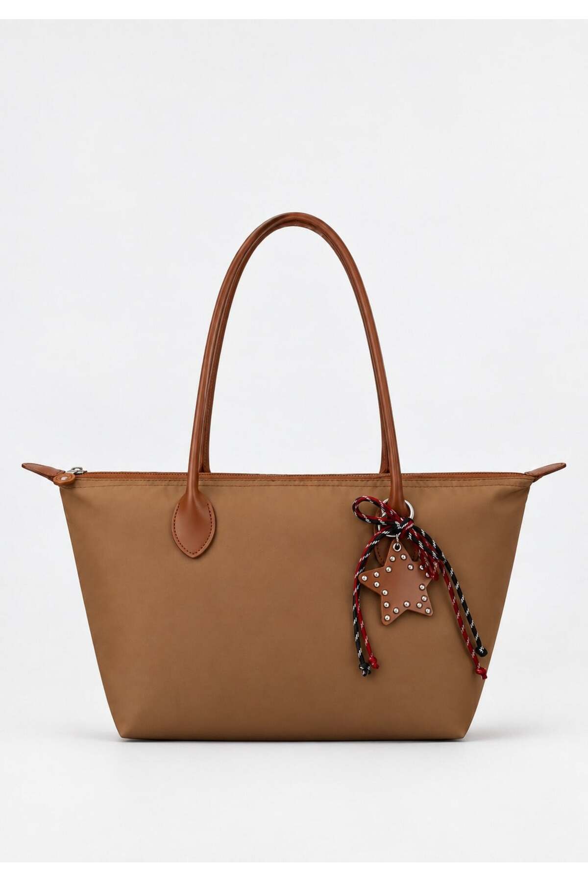 Kadın Süslemeli Fermuarlı Shopper Omuz Çantası - TABA