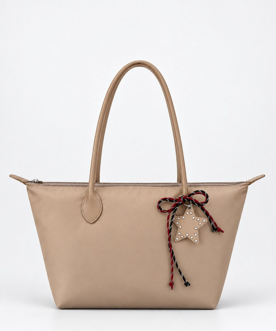 Kadın Süslemeli Fermuarlı Shopper Omuz Çantası - VİZON